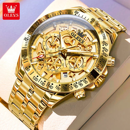 fachgo | OLEVS Lxuxry Brand Gold Men's Watches Full Skeleton Stainless steel Chronograph Wristwatch Waterproof Luminous Quartz Watch Men