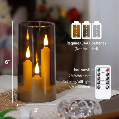 B89B-Flameless Taper Short Candles 3 In 1 Design With 10 Key Remote Control And Timer, 3" X 6" Grey Pillar Flickering Warm Light