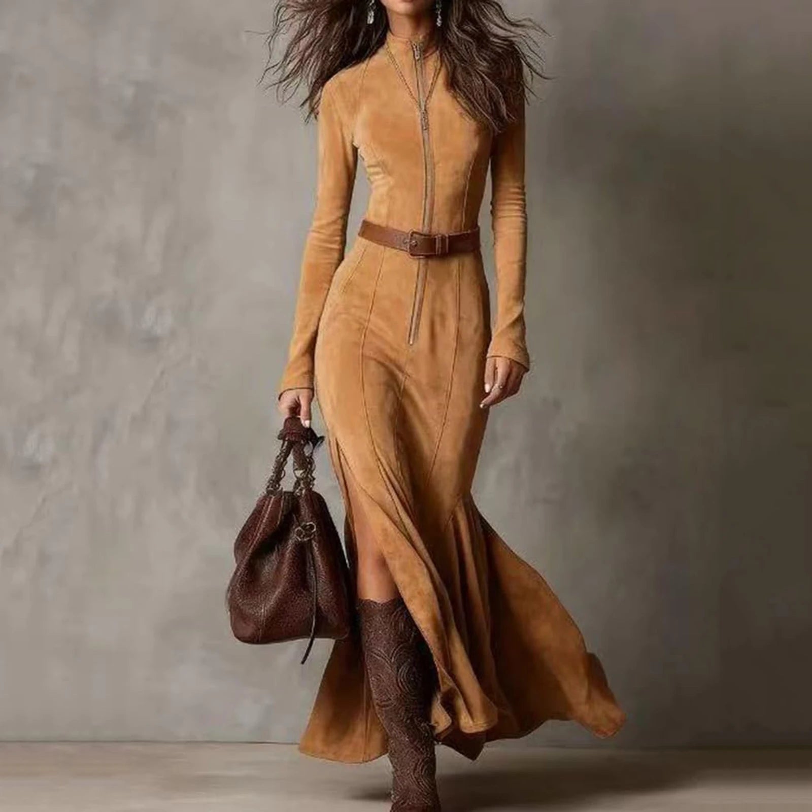 fachgo | Fashion Western Cowboy Long Dress with Pleated Wrap Design Solid Skinny Flowing Ruffled Hem Maxi Dress Chic Travel Clothes
