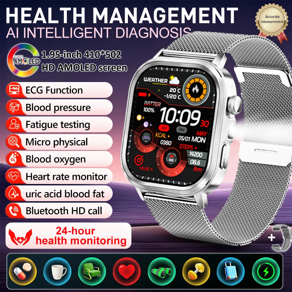 fachgo | New Accurate Blood Pressure Smart Watch Uric Acid ECG+PPG Blood Oxygen Body Analysis Body Fat LED Flashlight smart watches 2025