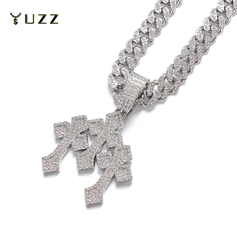 fachgo | New Iced Out Stacked Crosses Pendant Necklaces for Men With 13mm Cuban Chain Hip Hop Cross Rhinestone Jewelry pendant Gift