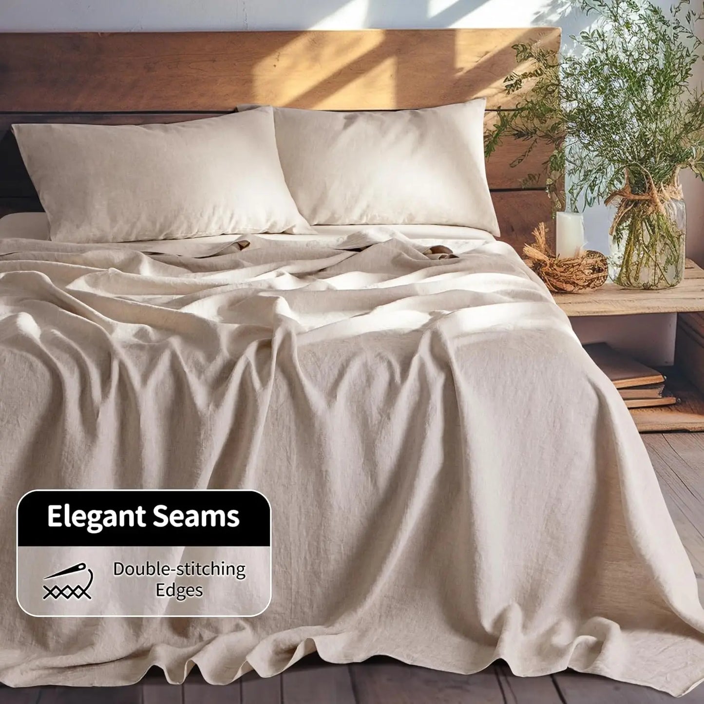 fachgo | Linen Sheets Set,100% French Stone Washed Pure Linen Bed Sheets, 3 Pieces (1 Flat Sheet, 2 Pillowcase) Suitable for Hot Sleepers