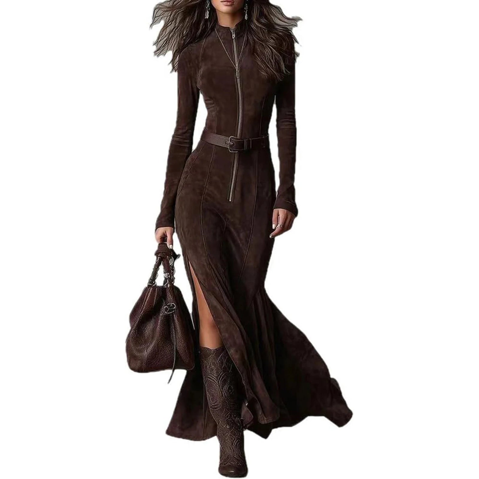 fachgo | Fashion Western Cowboy Long Dress with Pleated Wrap Design Solid Skinny Flowing Ruffled Hem Maxi Dress Chic Travel Clothes
