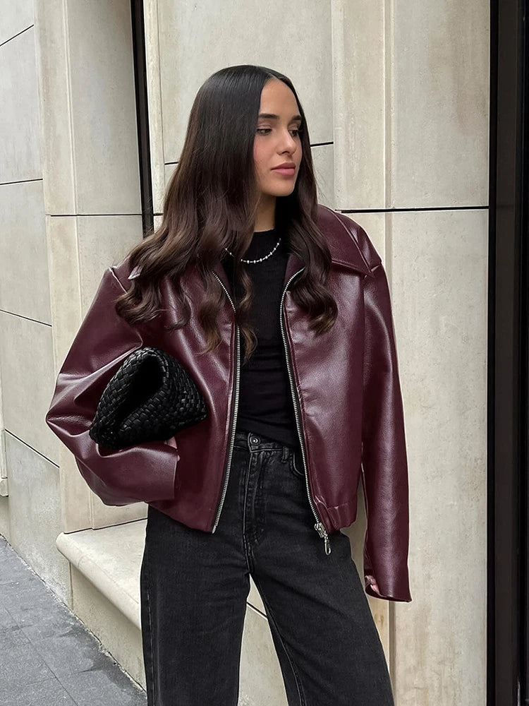 fachgo | Women’s PU Leather Bomber Jacket