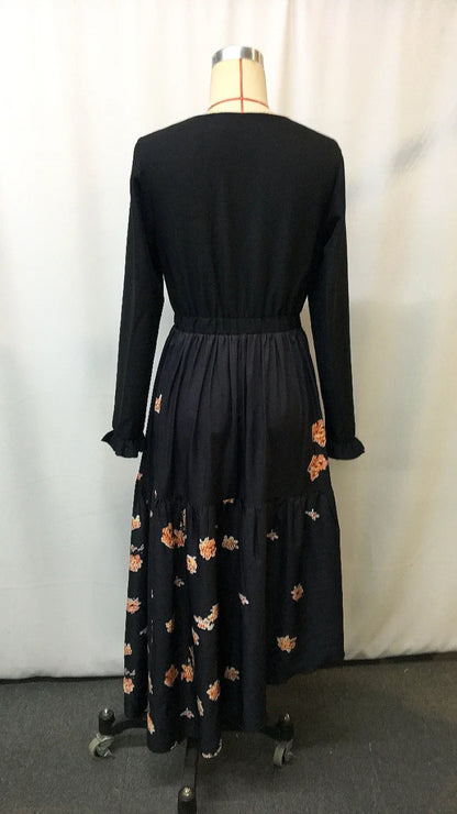 fachgo | 2025 Western Cowgirl Floral Vintage Dress - Ethnic Print Lace-Up Boho Chic Women's Party Dress with Ruffled Hem & Puffed Sleeves