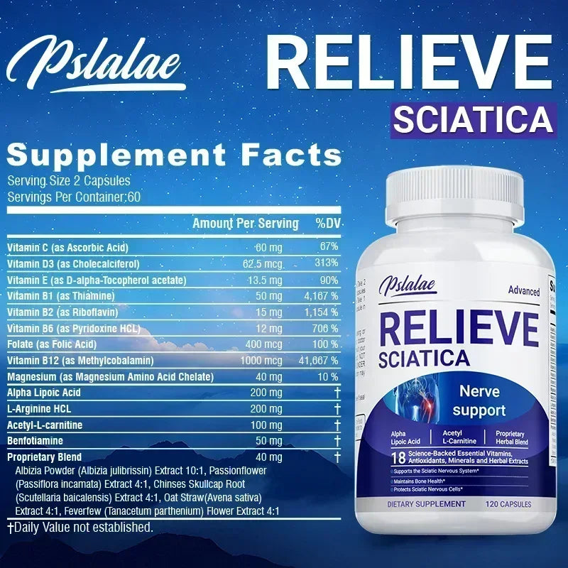 fachgo | Relieve Sciatica Capsules - Contains B Vitamins To Support Sciatic Nerve Health, Soothe Nerves, Boost Energy - 120pcs