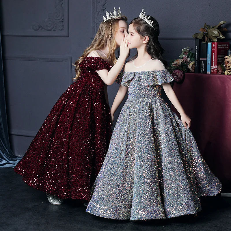 fachgo | Girl's Western Style Evening Dress Flower Girl Sequined Catwalk Host Piano Performance Princess Dress