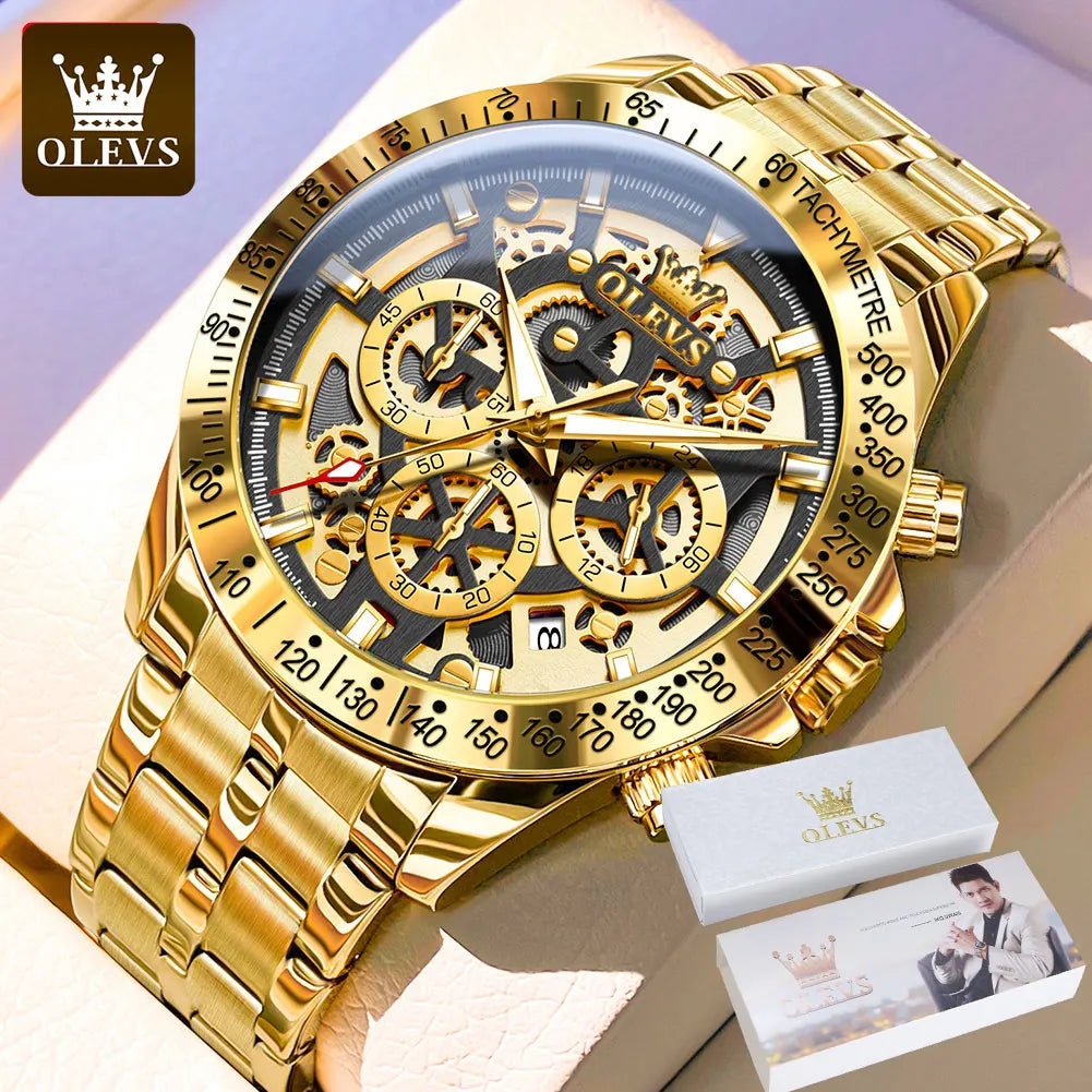 fachgo | OLEVS Lxuxry Brand Gold Men's Watches Full Skeleton Stainless steel Chronograph Wristwatch Waterproof Luminous Quartz Watch Men
