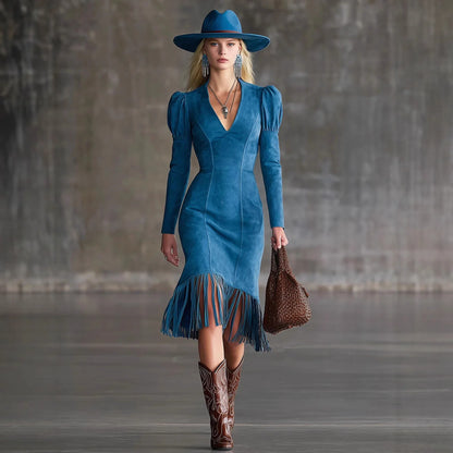 fachgo | Western Retro Tassel Dresses for Women Sexy V-neck Puff Sleeve Slim Hips Dress Long Sleeve Mini Dress 2026 Ladies Dress