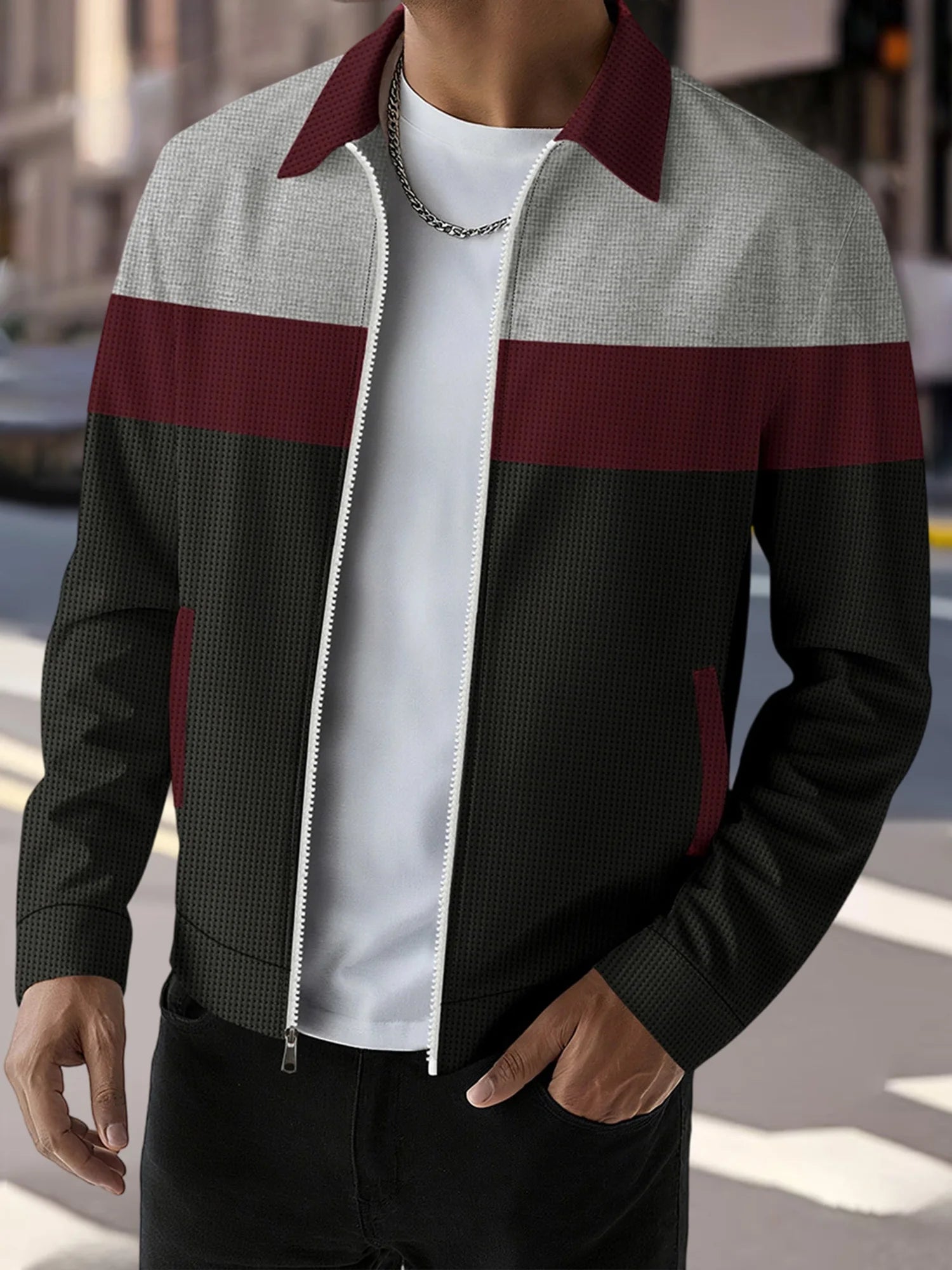 fachgo | Men s Casual Lapel Collar Zip Up Jacket with Patchwork Design Pockets and Stylish Outerwear for Fall Fashion