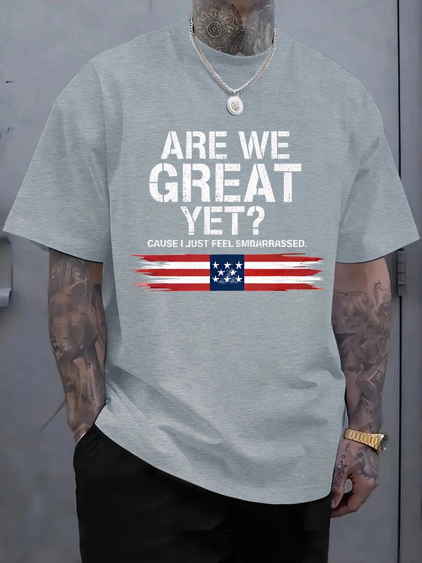 fachgo | New Pure Cotton Men'sT-Shirt with Are We Great Yet American Flag Print for Casual Wear Graphic Tee Breathable and Comfort