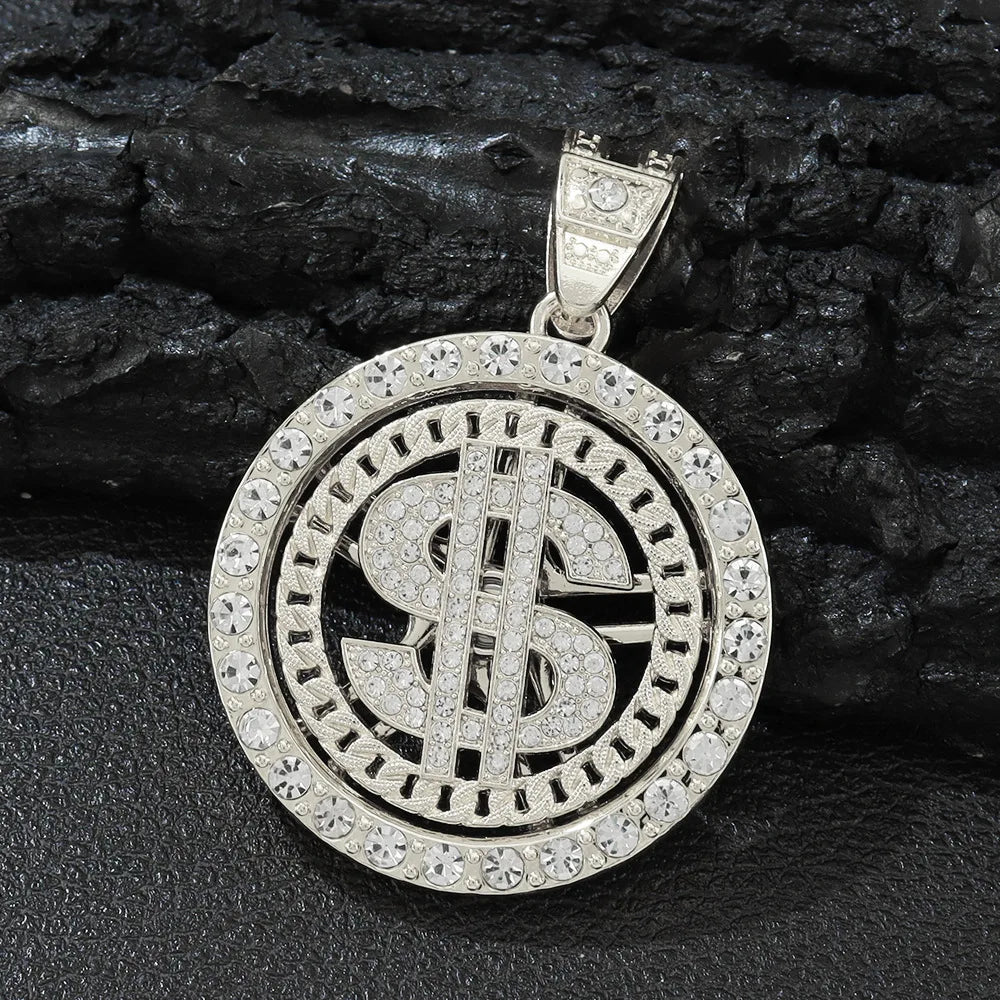 fachgo | Men Hip Hop Big Rotatable US Dollar Money Sign Pendant Necklace 13mm Iced out Cuban Chain Choker Necklace Rap Rock Charm Jewelry