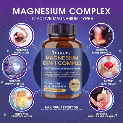 12-in-1 Magnesium Complex Supplement – High Absorption Rate, Supports Muscles, Nerves and Sleep, Suitable for Men and Women