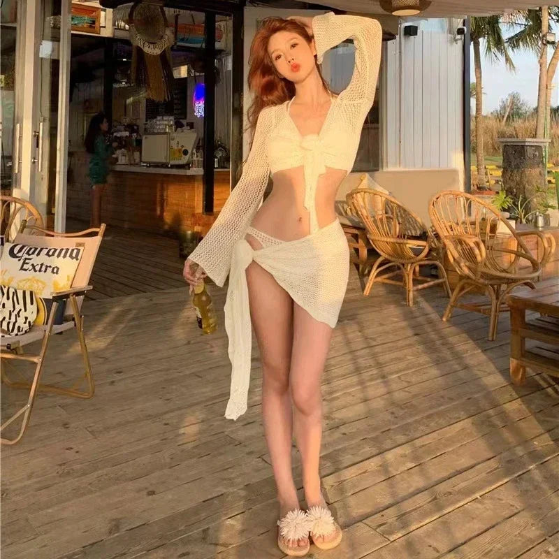 fachgo | 4-Piece Lace-Up Bikini Set with Cover-Up