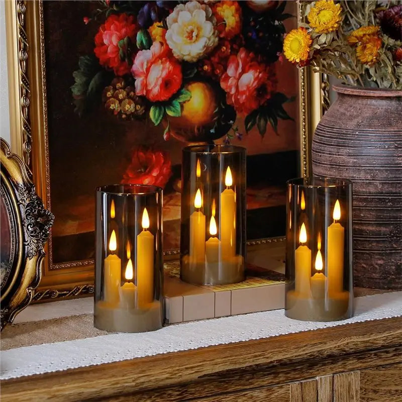 B89B-Flameless Taper Short Candles 3 In 1 Design With 10 Key Remote Control And Timer, 3" X 6" Grey Pillar Flickering Warm Light