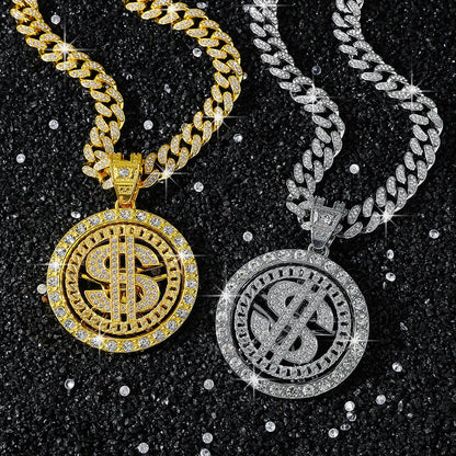 fachgo | Men Hip Hop Big Rotatable US Dollar Money Sign Pendant Necklace 13mm Iced out Cuban Chain Choker Necklace Rap Rock Charm Jewelry