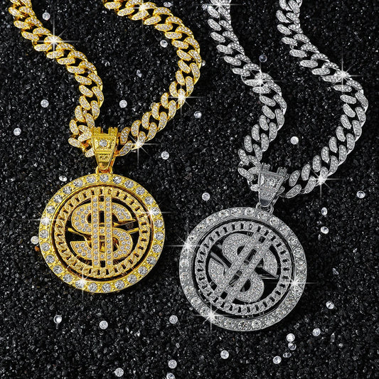 fachgo | Men Hip Hop Big Rotatable US Dollar Money Sign Pendant Necklace 13mm Iced out Cuban Chain Choker Necklace Rap Rock Charm Jewelry