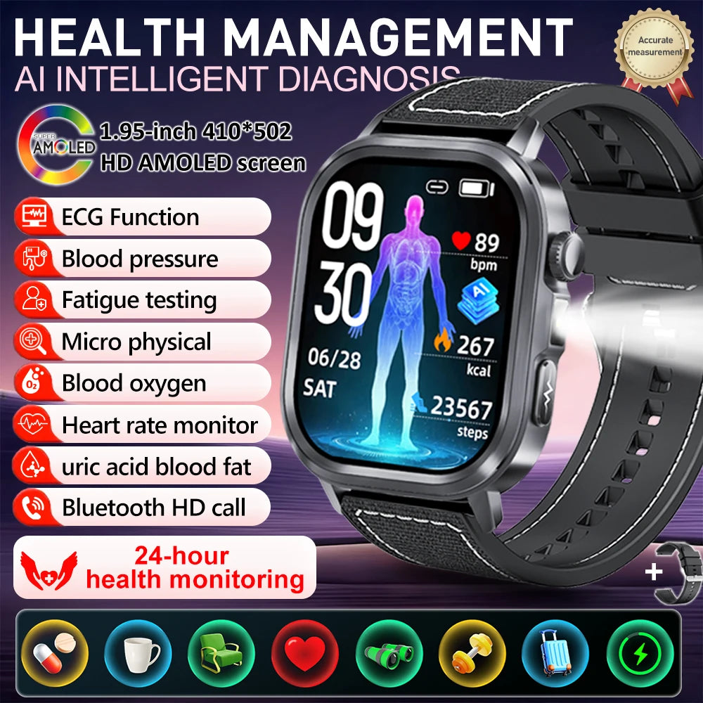 fachgo | New Accurate Blood Pressure Smart Watch Uric Acid ECG+PPG Blood Oxygen Body Analysis Body Fat LED Flashlight smart watches 2025