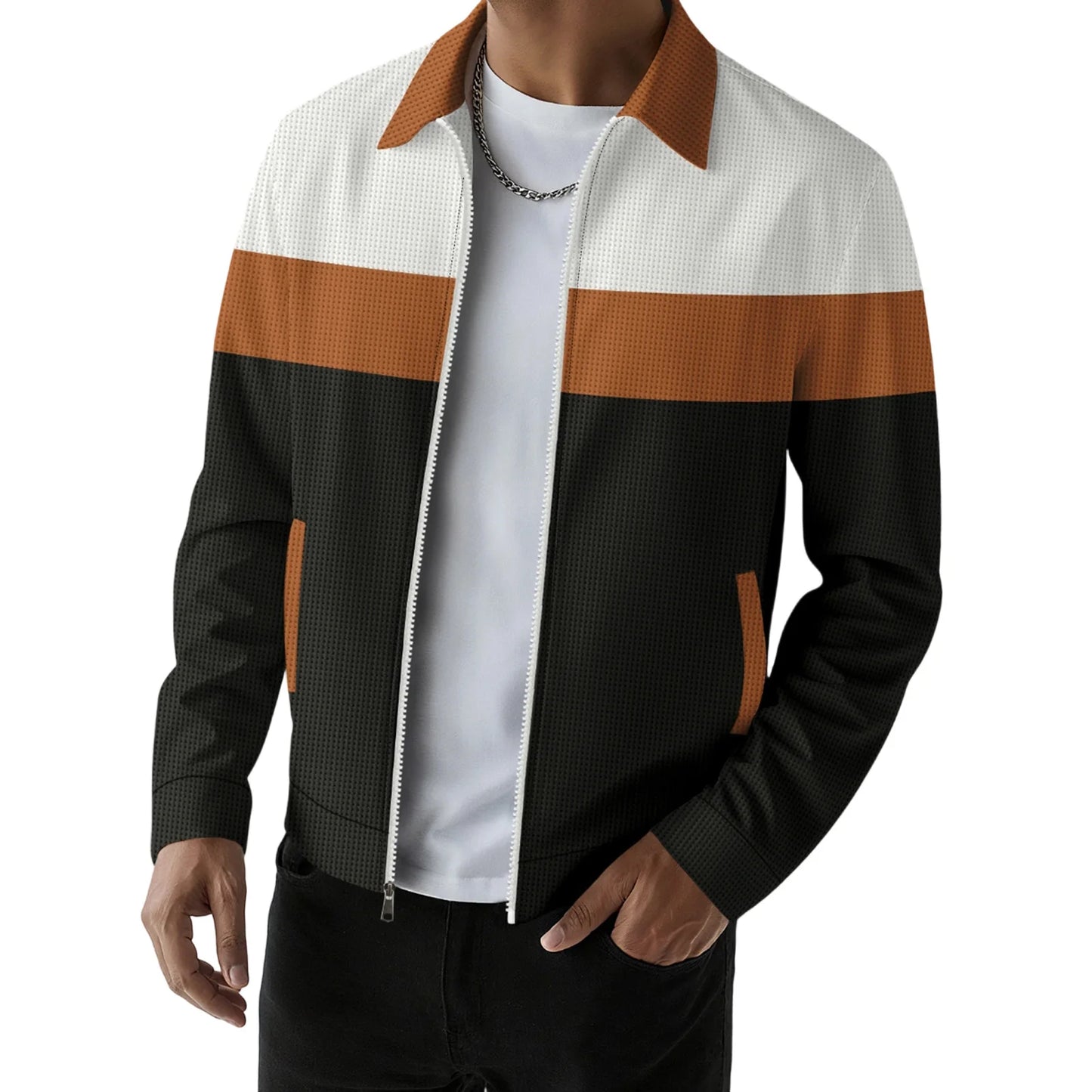 fachgo | Men s Casual Lapel Collar Zip Up Jacket with Patchwork Design Pockets and Stylish Outerwear for Fall Fashion