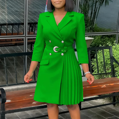 fachgo | Elegant Dresses for Woman 2024 Autumn Winter New Trends Notched Collar Full Sleeve Sashes Pleated Mid Calf Solid Fashion Dress