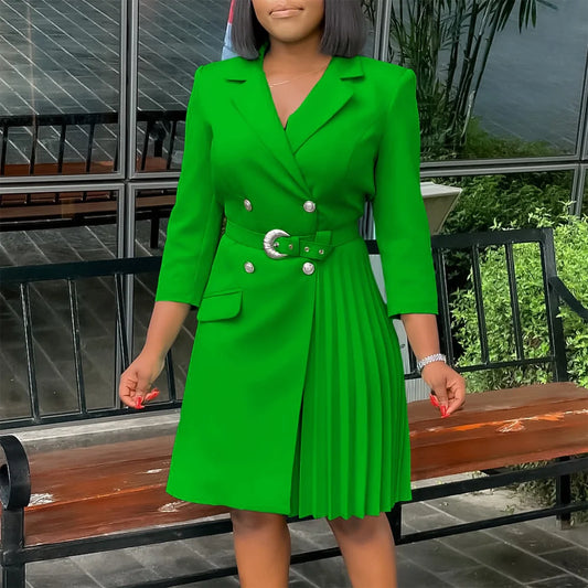 fachgo | Elegant Dresses for Woman 2024 Autumn Winter New Trends Notched Collar Full Sleeve Sashes Pleated Mid Calf Solid Fashion Dress