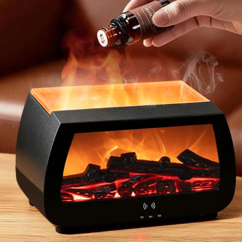 Auto Aroma Diffuser Faux Fireplace Flame Effect Essential Oil Humidifier With Remote Control LED Light Quiet Desktop Diffuser