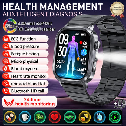 fachgo | New Accurate Blood Pressure Smart Watch Uric Acid ECG+PPG Blood Oxygen Body Analysis Body Fat LED Flashlight smart watches 2025
