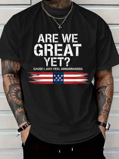 fachgo | New Pure Cotton Men'sT-Shirt with Are We Great Yet American Flag Print for Casual Wear Graphic Tee Breathable and Comfort