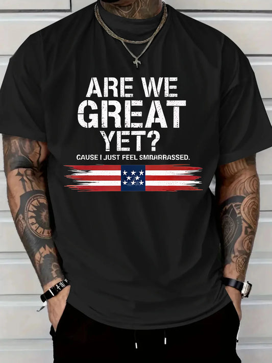 fachgo | New Pure Cotton Men'sT-Shirt with Are We Great Yet American Flag Print for Casual Wear Graphic Tee Breathable and Comfort