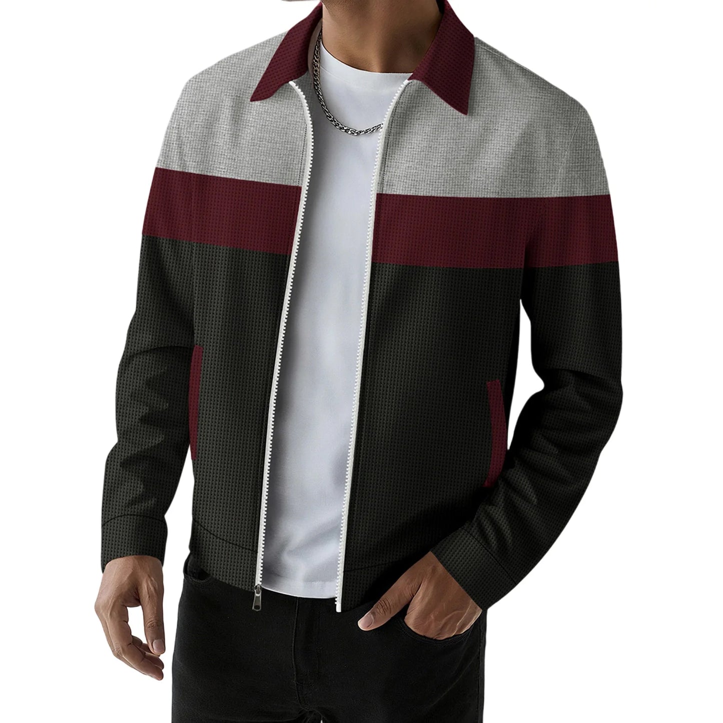 fachgo | Men s Casual Lapel Collar Zip Up Jacket with Patchwork Design Pockets and Stylish Outerwear for Fall Fashion