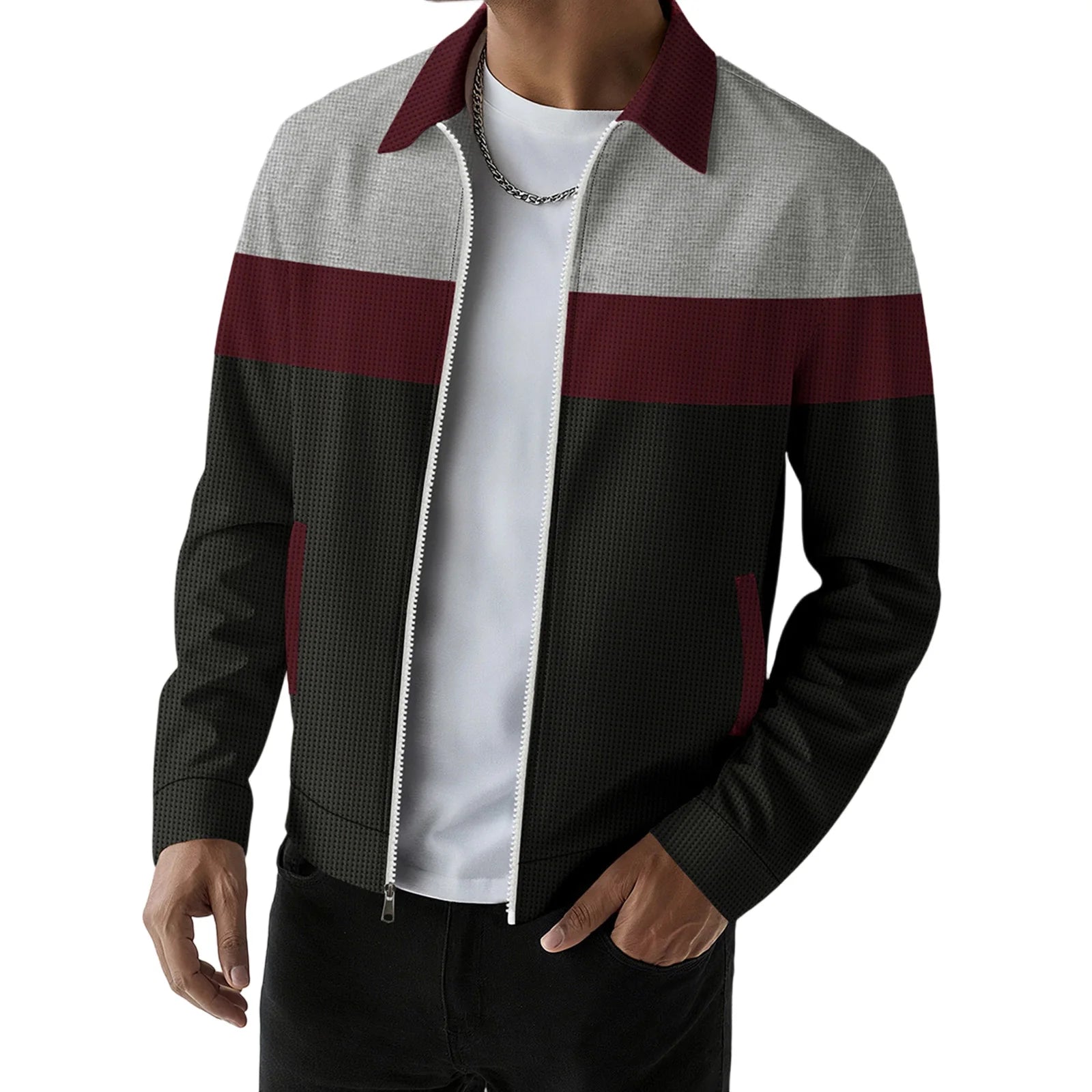 fachgo | Men s Casual Lapel Collar Zip Up Jacket with Patchwork Design Pockets and Stylish Outerwear for Fall Fashion