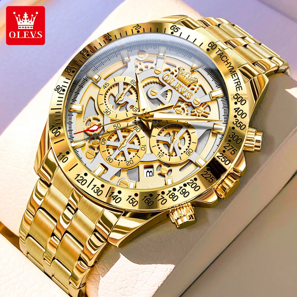 fachgo | OLEVS Lxuxry Brand Gold Men's Watches Full Skeleton Stainless steel Chronograph Wristwatch Waterproof Luminous Quartz Watch Men