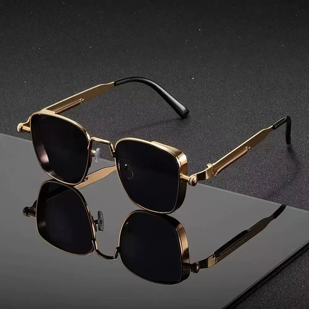 fachgo | Men Driving Sunglasses Vintage Steampunk Square Sunglasses Metal Frame with Spring Hinges Women Eyepiece Trendy Driver 2028
