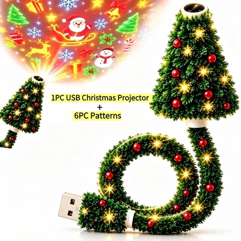 Christmas Projector Light USB Powered Christmas Night Light with 6+ Holiday Patterns Flexible Tree Lamp for Bedroom Ceiling