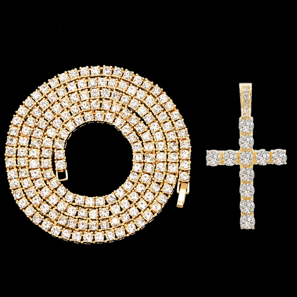 fachgo | Hip Hop Iced Out Cross Pendant Necklace Strap 4mm Zircon Tennis Chain Men Women Sparkling Necklace Punk Jewelry Fashion Gift