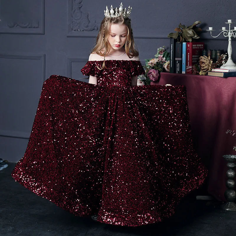 fachgo | Girls Princess Dress Sparkly Sequin Party Gown for Flower Girl Pageant Performance Evening Party 100-160cm