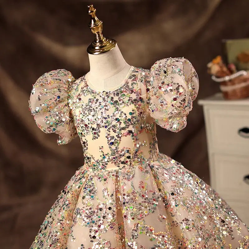 fachgo | Champagne Girls Princess Dress Puffy Tutu Flower Girl Wedding Piano Recital Formal Gown for Kids