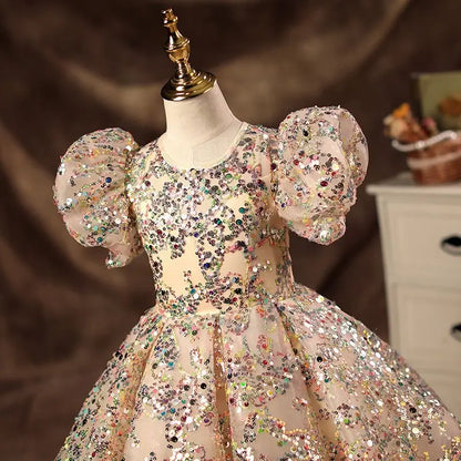 fachgo | Champagne Girls Princess Dress Puffy Tutu Flower Girl Wedding Piano Recital Formal Gown for Kids