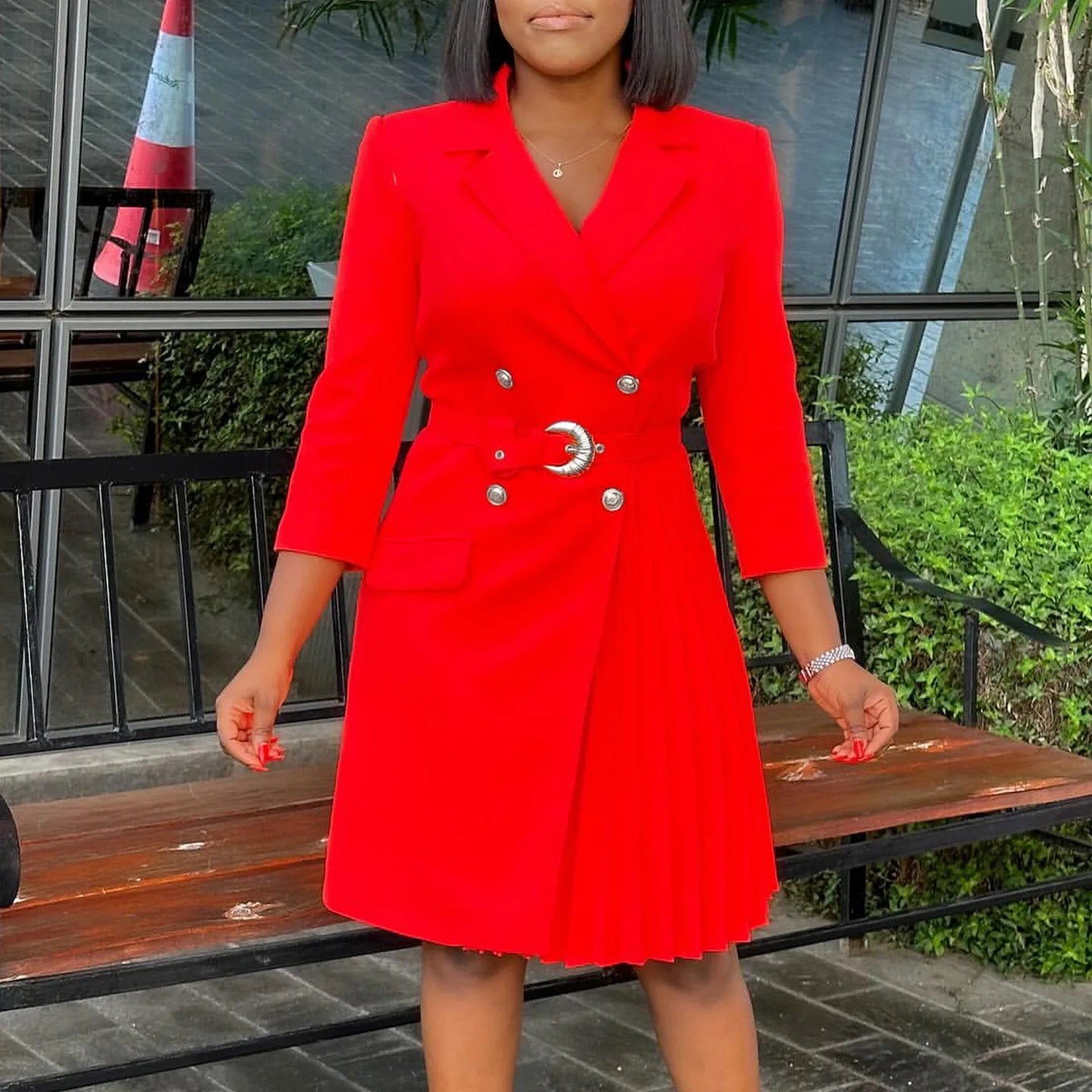 fachgo | Elegant Dresses for Woman 2024 Autumn Winter New Trends Notched Collar Full Sleeve Sashes Pleated Mid Calf Solid Fashion Dress