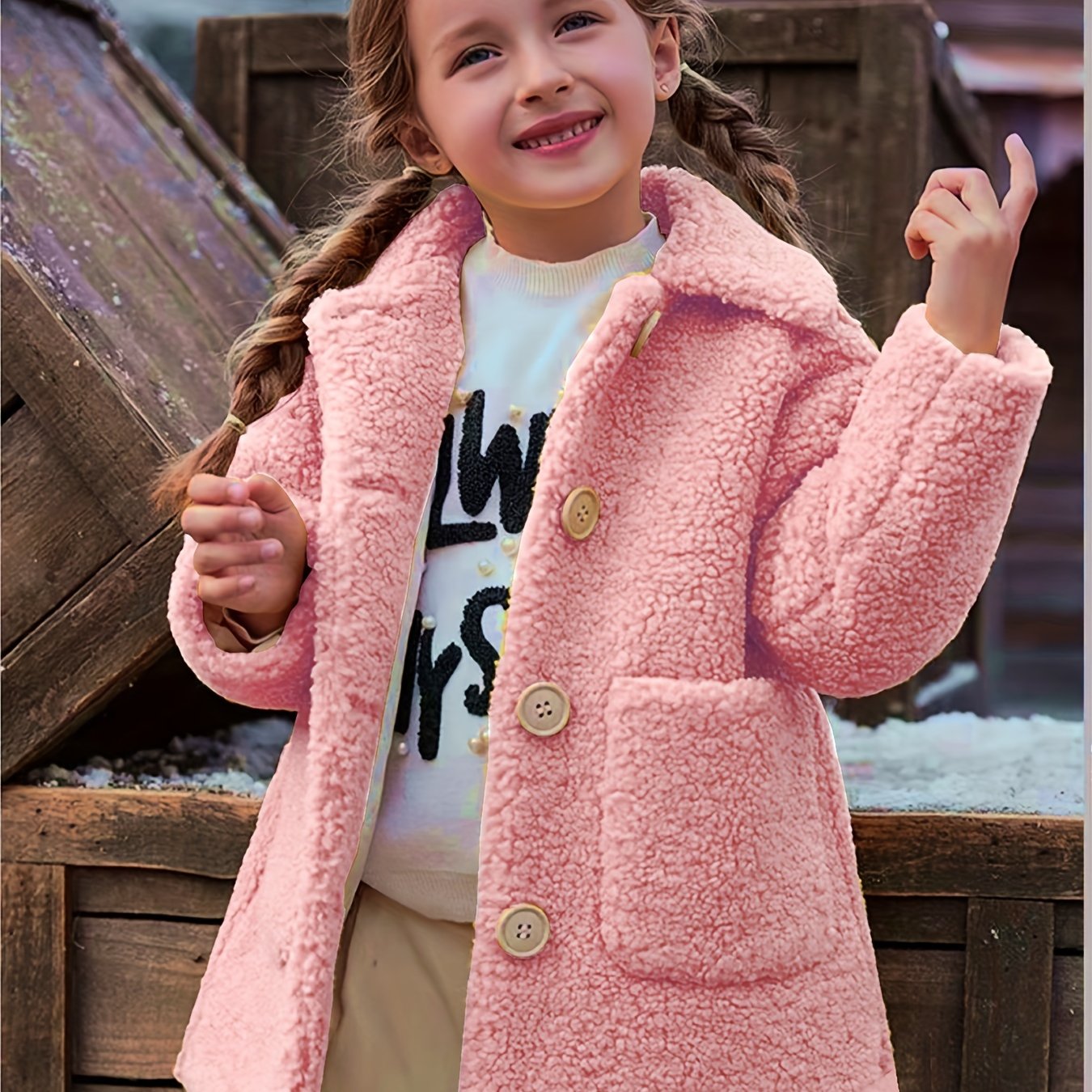 fachgo | [Lamb Fur Jacket] Girls' Lamb Fur Jacket | JOMAKE Korean-Style Lapel Collar, Two-Tone, Warm Windbreaker with Pockets, Lining, Button Closure, Long Sleeves for Winter