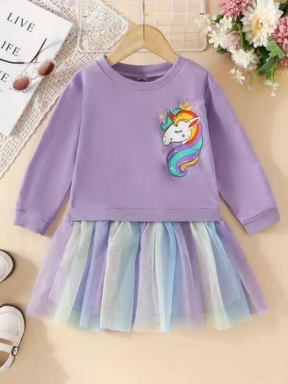 fachgo | Rainbow Tutu Hem Unicorn Print Long Sleeve Sweatshirt Dress - Magical Party & Vacation Outfit for Trendy Girls - Cozy Spring/Autumn Wear