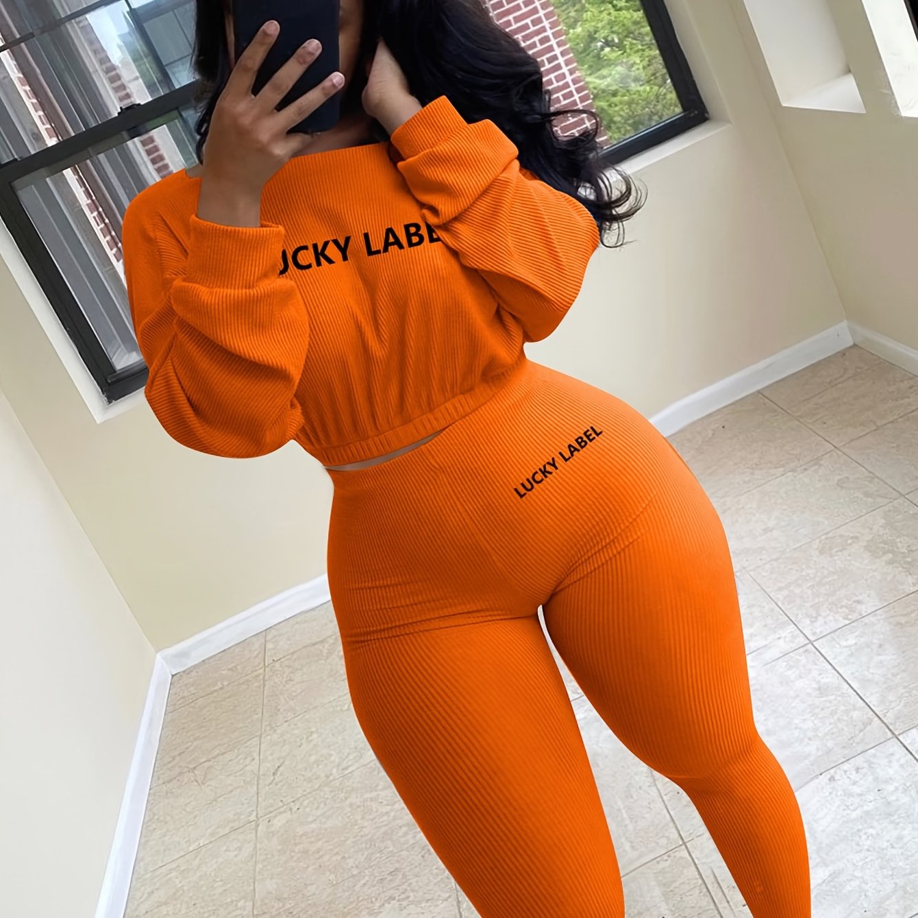 fachgo | [Women's Sweatshirt Set] Letter Embroidery Women's Two Piece Ribbed s Fall Spring Long Sleeve Sweatshirt and Skinny Pants Set