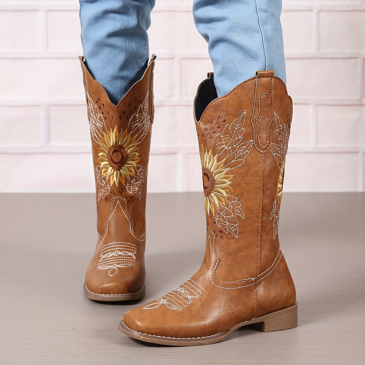 fachgo | [Mid Calf Embroidered Western Boots] Women's Embroidered Mid Calf Western Boots, Faux Leather Fashion Boots, Women's Footwear