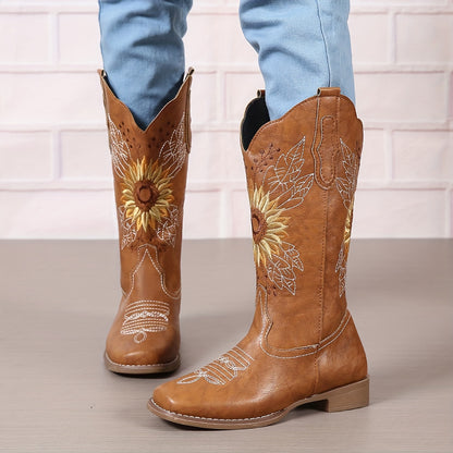 fachgo | [Mid Calf Embroidered Western Boots] Women's Embroidered Mid Calf Western Boots, Faux Leather Fashion Boots, Women's Footwear