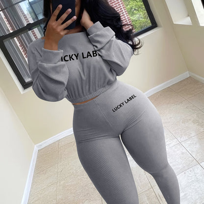 fachgo | [Women's Sweatshirt Set] Letter Embroidery Women's Two Piece Ribbed s Fall Spring Long Sleeve Sweatshirt and Skinny Pants Set