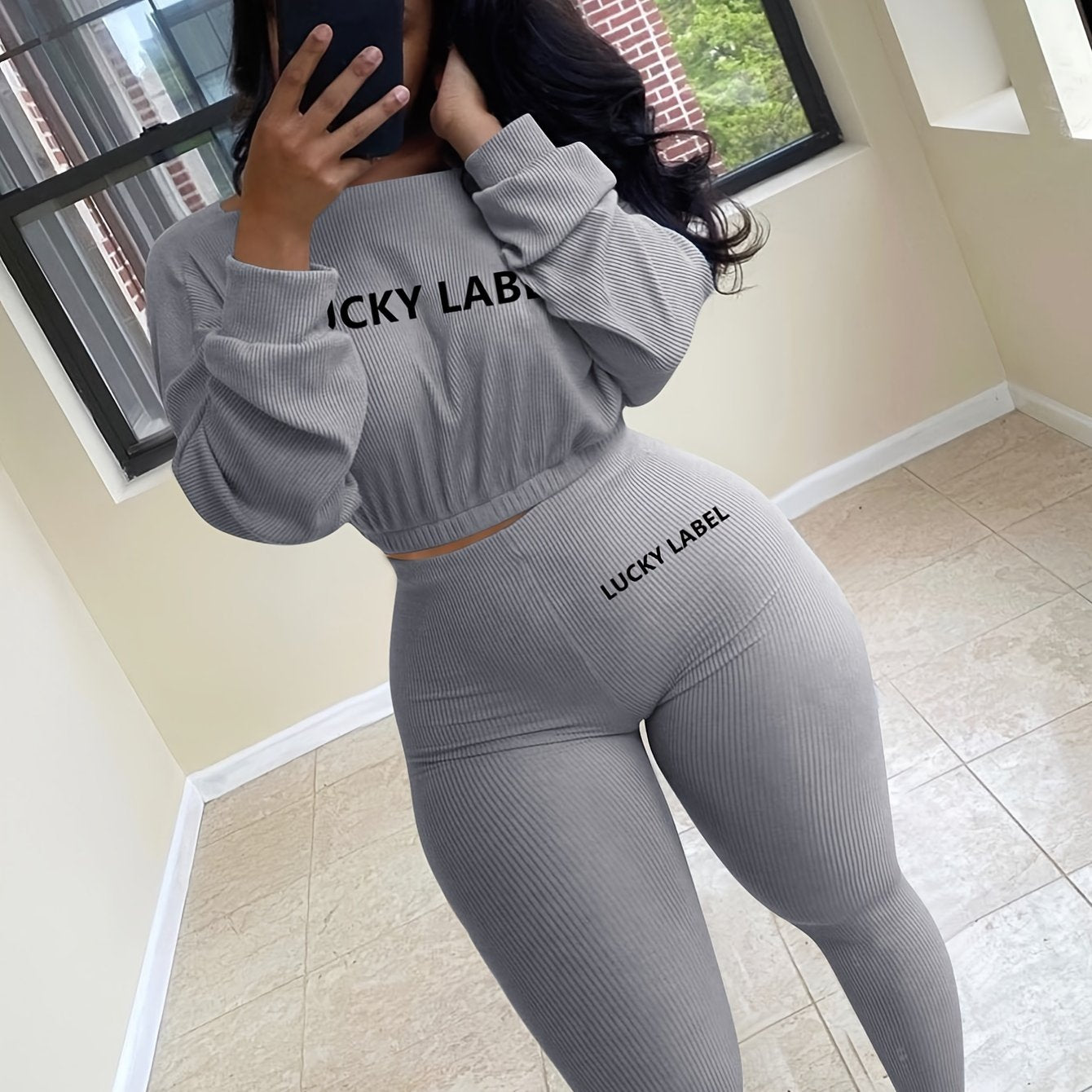 fachgo | [Women's Sweatshirt Set] Letter Embroidery Women's Two Piece Ribbed s Fall Spring Long Sleeve Sweatshirt and Skinny Pants Set