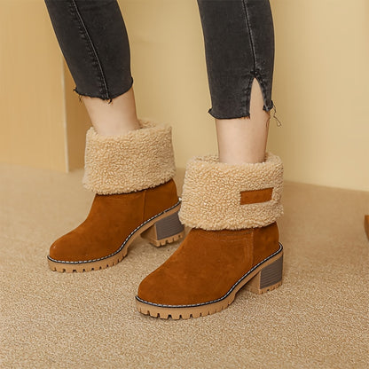 fachgo | Women's Warm Faux Fur Lined Boots, Slip On Block Heeled Ankle Boots, Women's Footwear
