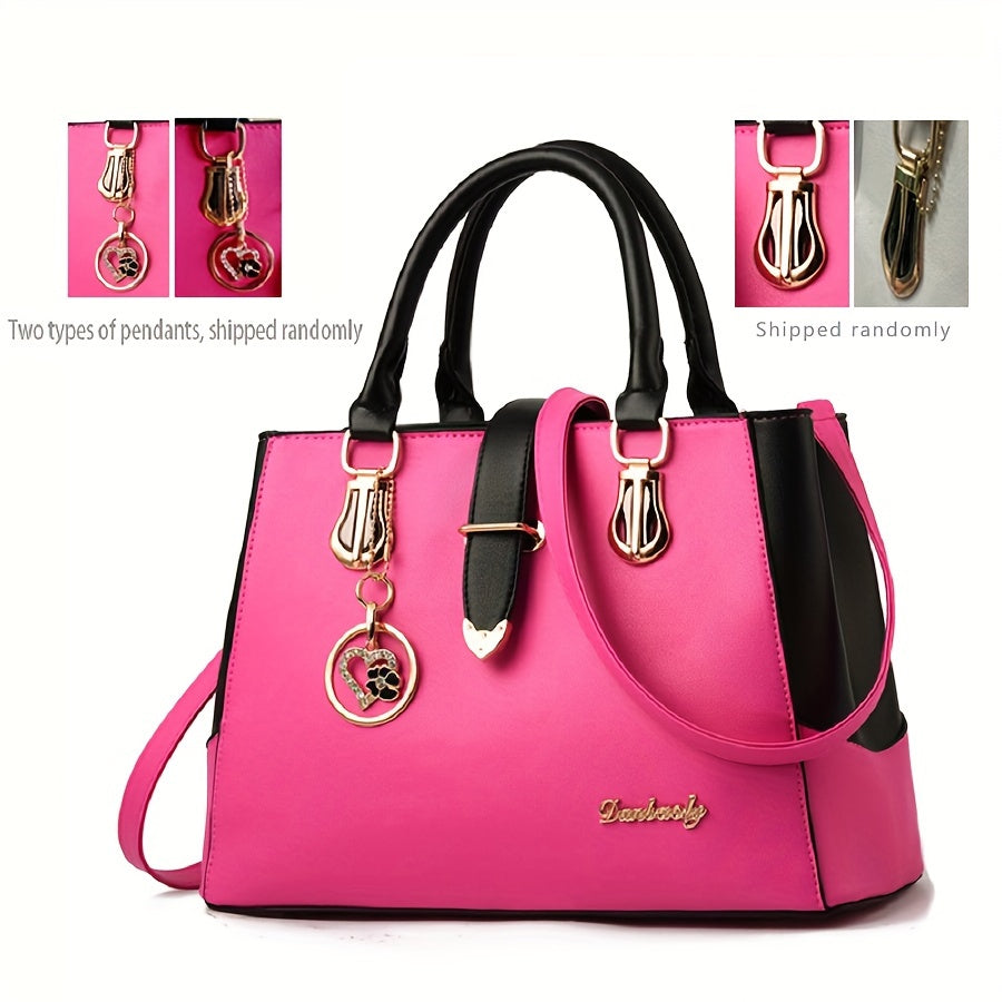 fachgo | Women's Letter Detail Shoulder Bag, Elegant Double Handle Purse, Simple Large Handbag For Work