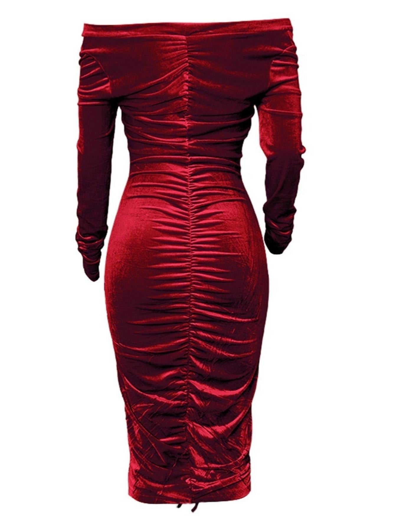 fachgo | Women's Dresses V Neck Off The Shoulder Velvet Ruched Mid-length Dresses