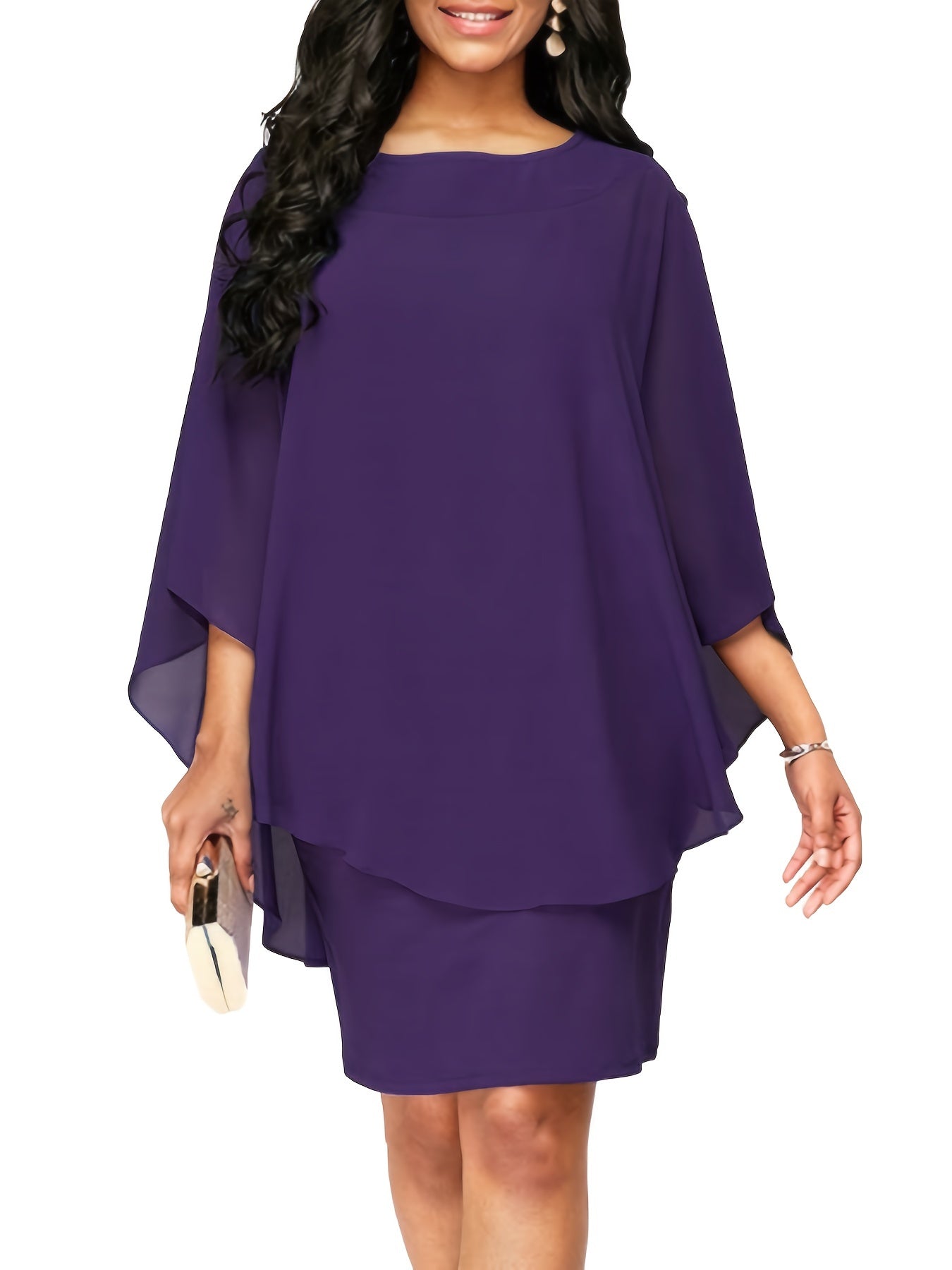 fachgo | Plus Size, Plus Size Women's Classic Solid Color Cover-Up Faux Two-Piece Blouse Chiffon Dress